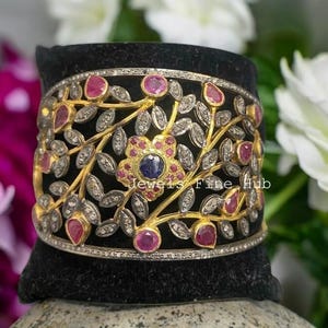 Handmade Ruby & Sapphire Bangle, Pave Diamond 925 Sterling Silver