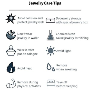 Puede incluir: Una gu&iacute;a ilustrada titulada "Consejos para el cuidado de las joyas" con iconos y texto que aconseja sobre el mantenimiento de las joyas. Los consejos incluyen evitar el agua, los productos qu&iacute;micos, el calor y la luz, as&iacute; como el almacenamiento y la extracci&oacute;n.