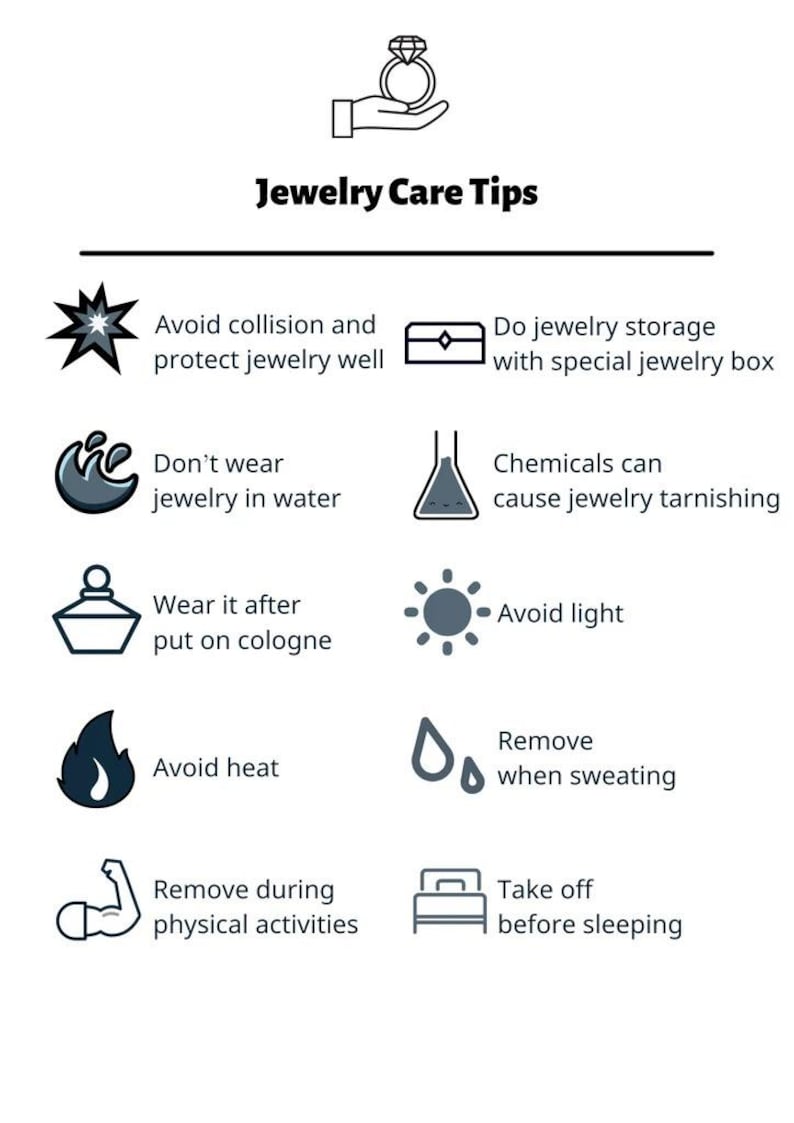 Puede incluir: Una gu&iacute;a ilustrada titulada "Consejos para el cuidado de las joyas" con iconos y texto que aconseja sobre el mantenimiento de las joyas. Los consejos incluyen evitar el agua, los productos qu&iacute;micos, el calor y la luz, as&iacute; como el almacenamiento y la extracci&oacute;n.