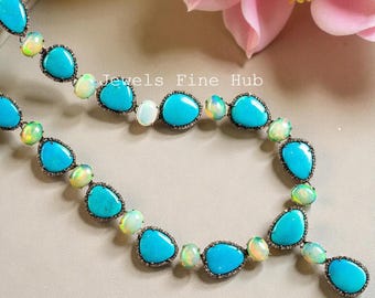 Sleeping Beauty Turquoise gemstone Necklace, Pave Diamond & Multi Fire Opal, 925 Sterling Silver