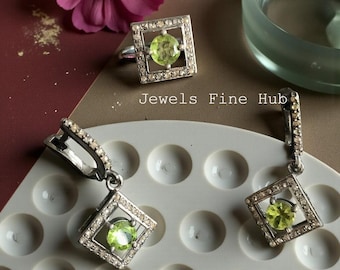 Natural Green peridot Gemstone Ring Earring jewelry Set Pave Diamond Jewelry Set Solid 925 Sterling Silver Fine Jewelry Engagement Gift