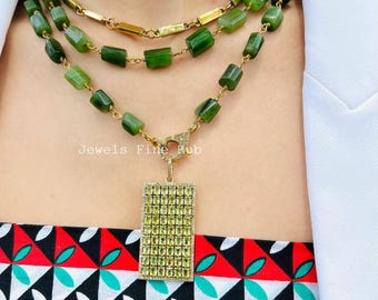 Natural Green Peridot Pendant, 925 Sterling Silver, Pave Diamond, Lobster Lock( Beads Chain is Not Included in this item)"