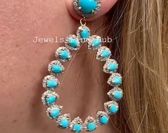 Natural Sleeping Beauty Turquoise Gemstone Earring Natural Pave Diamond Jewelry Solid 925 Sterling Silver Handmade Earring Mother's Day Gift
