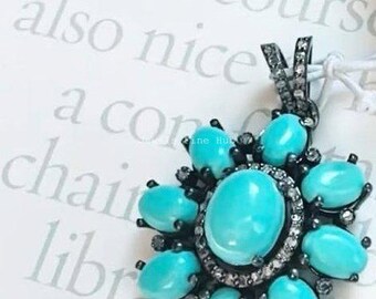 925 Sleeping Beauty Turquoise Gemstone Pendant, Natural Pave Diamond Floral, 925 Sterling Silver