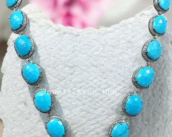 Natural Sleeping Beauty Turquoise Necklace, Pave Diamond, 925 Sterling Silver Jewelry