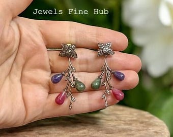 Dangle Earring, Solid 925 Sterling Silver, Natural Pave Diamond Earring, Natural Emerald Gemstone Earring, Red Ruby / Blue Sapphire, Jewelry