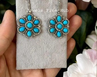 Natural Sleeping Beauty Turquoise Gemstone Earring, Natural Pave Diamond Jewelry, 925 Sterling Silver Earring Mother's Day Gift jewelry