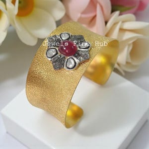 Bracelete Ruby Cuff: Prata de Lei, Cravejado com Diamantes Polki, Joia Vitoriana