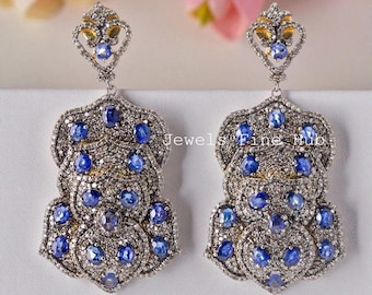 Handmade Victorian Sterling Silver Blue Sapphire Pave Diamond Earrings