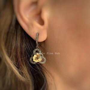Natural Trillion Citrine Gemstone Earring Dangle Drop Earring Solid 925 Sterling Silver Pave Diamond Fine Jewelry Yellow Citrine Gemstone