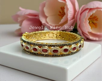 Precious Ruby Gemstone, Pave Diamond Bangle Bracelet, Victorian 925 Sterling Silver Jewelry