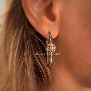 Natural Pave Diamond Handmade Round Hoop Earring Solid 925 Sterling Silver Pave Diamond Earring Orange Sapphire gemstone Wedding Jewelry