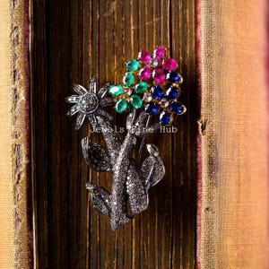 Flower Brooch pendant 925 Sterling Silver Pendant Natural Diamond Natural Emerald Gemstone Brooch Pendant Ruby Sapphire Gemstone Jewelry