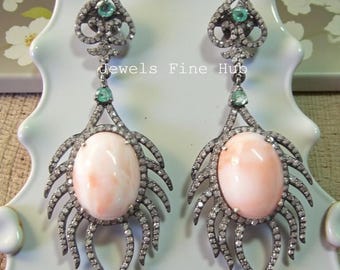 Natural Ethiopian Opal Gemstone Earring Natural Pave Diamond Handmade Dangle Drop Earring 925 Sterling Silver Pink opal Gemstone jewelry