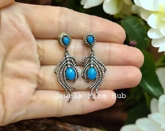 Natural Sleeping Beauty Turquoise Gemstone Earring,Natural Pave Diamond Jewelry, Solid 925 Sterling Silver, Dangle Drop Earring Gift jewelry