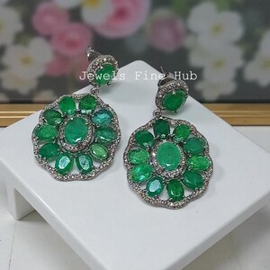 Natural Green Emerald Gemstone Earring Natural Pave Diamond Jewelry Solid 925 Sterling Silver Fine Party Gift Jewelry Dangle Drop Earring