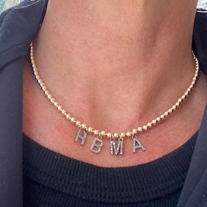 Collar de cuentas chapado en oro amarillo con colgante de letra inicial H, B, M y A, con diamantes pavé naturales, en plata de ley 925 maciza, joyería de regalo.