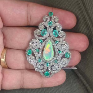 Natural Pear Cut Ethiopian Opal Gemstone 925 Solid Sterling Silver Natural Pave Diamond Natural  Emerald Gemstone Brooch Pendant Jewelry