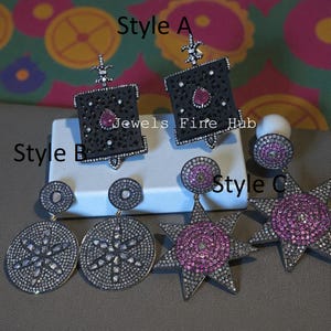 Pendiente de ónix negro con talla de diamante pavé natural, pendiente de rubí en plata de ley 925, pendiente de diamante Polki de corte rosa, joyería con diseño de estrella.