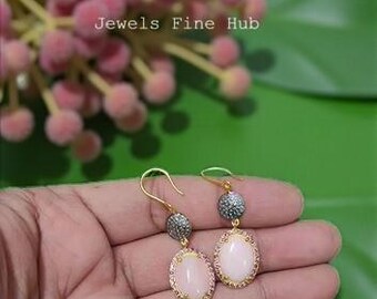 Dangle Drop Earring, Solid 925 Sterling Silver, Natural Pave Diamond Jewelry, Gift for Women, Natural Pink Opal Gemstone Earring Jewelry