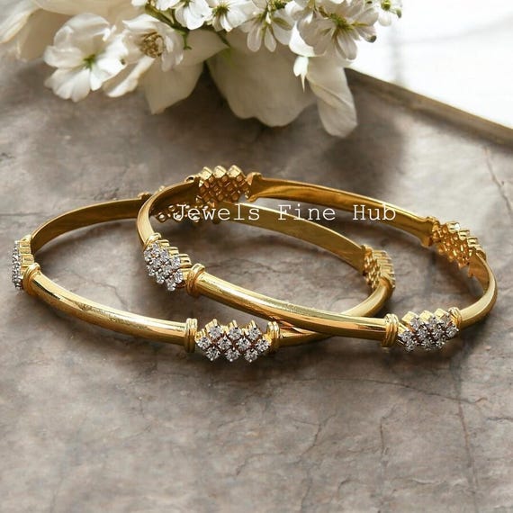 Natural Pave Moissanite Gemstone 1 ( Pcs ) Yellow Gold Filled Bangle Bracelet Solid 925 Sterling Silver Fine Gift Wedding Gift her Jewelry