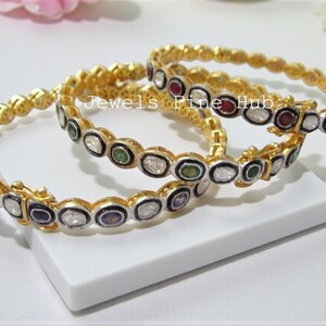 Pulseira com diamantes Polki lapidados em formato de fatia, 1 peça, prata de lei 925, safira, rubi e esmeralda.