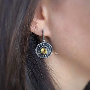 Natural Round Citrine Gemstone Earring Dangle Drop Earring Solid 925 Sterling Silver Pave Diamond Fine Jewelry Vintage Design Earring