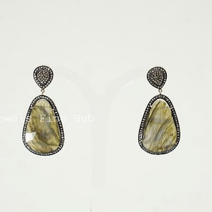 Dandle Drop Ohrring Solid 925 Sterling Silber Natürliche Pave Diamant Ohrring Natürliche Labradorit Edelstein Ohrring Party Geschenk für ihren Schmuck
