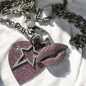 Natural Ruby Gemstone Pave Diamond Lips and Star Pendant, 925 Sterling Silver Necklace