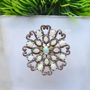 Natural Pave Diamond Ring Jewelry 925 Sterling Silver Ring Natural White Ethiopian Multi Fire Opal Ring Fine Jewelry Party Gift for her