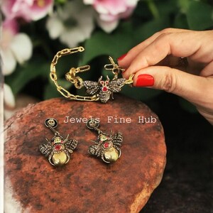 Natural Ruby Gemstone Dainty Gold Bee Bangle Earring Set, Pave Diamond, 925 Sterling Silver