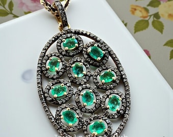 Sterling Silver Emerald Pendant Necklace, Natural Pave Diamond