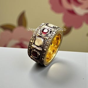 Anillo de banda con diamantes pavé naturales y gemas de rubí rojo, plata esterlina 925 maciza, hecho a mano, corte redondo, anillo de diamantes finos Polki, joyería victoriana.