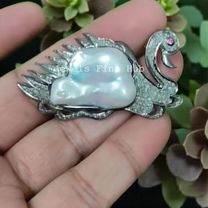 Broche colgante de pato con rubí y diamante natural: nácar, plata de ley 925
