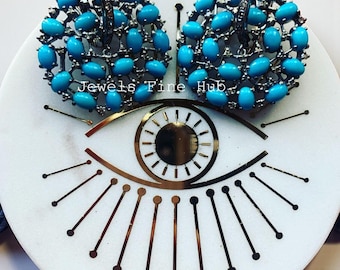 Natural Sleeping Beauty Turquoise Gemstone Earring, Natural Pave Diamond Earring, 925 Sterling Silver Earring, Round Dangle Drop Earring,