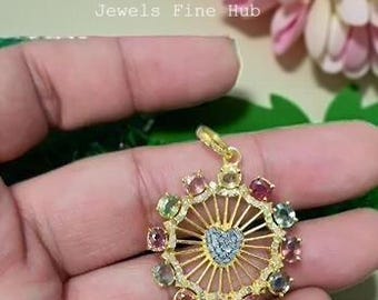 925 Sterling Silver Tourmaline Pendant, Natural Pave Diamond Charm