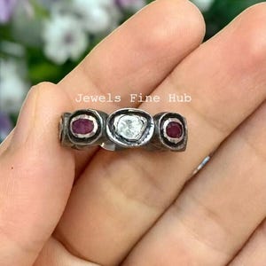 Natural Oval Ruby Gemstone Ring 925 Solid Sterling Silver Ring Natural Slice Cut Polki Diamond Ring Fine Party Gift for her Handmade Jewelry