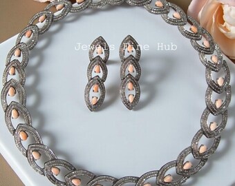 Pink Opal Gemstone, Natural Diamond Jewelry Set, 925 Sterling Silver Necklace Earring