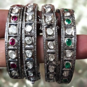 925 Sterling Silver, Natural Emerald & Ruby Bangle: Rose Cut Polki Diamond Bracelet Jewelry