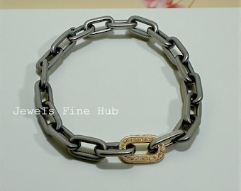 Rolo Link Chain Bracelet, Natural Pave Diamond Link Bracelet, 925 Sterling Silver Clasp Lock Bracelet Jewelry,Surprise Birthday Gift For Her