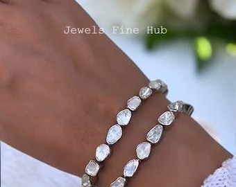 Pulsera de tenis con diamantes Polki naturales talla rosa, 1 unidad. Joyería de plata de ley 925 maciza para mujer, ideal para fiestas.