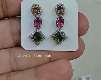 Natural Pave Diamond Handmade Earring Solid 925 Sterling Silver Natural Multi Tourmaline Gemstone Earring Wedding Fine gift for her Jewelry