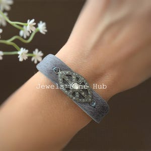 Pave Polki Natural Diamond Bracelet, 925 Sterling Silver on Black Leather Macrame