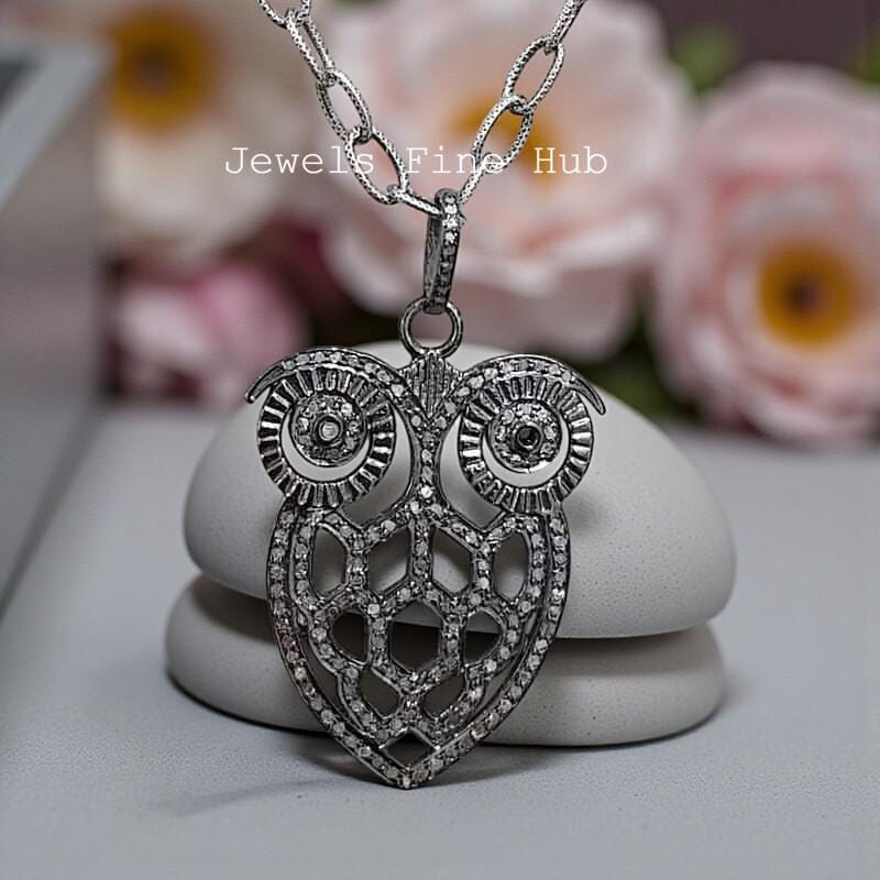 Designer Owl Pendant Necklace 925 Solid Sterling Silver Natural Pave Diamond Handmade Pendant Chain 