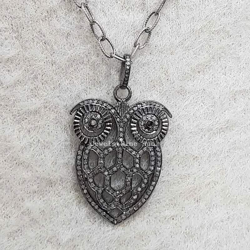 Designer Owl Pendant Necklace 925 Solid Sterling Silver Natural Pave Diamond Handmade Pendant Chain 