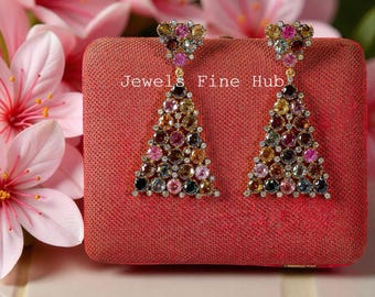Natural Pave Diamond Handmade Earring 925 Sterling Silver Natural Multi Tourmaline Gemstone Earring Round Cut Tourmaline Gemstone Jewelry