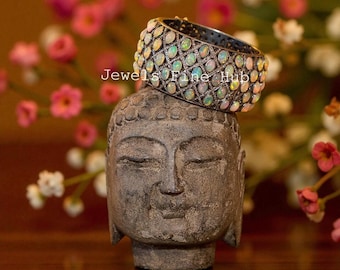 Ethiopian Opal Gemstone, Oxidized Bangle Bracelet: Pave Diamond, 925 Sterling Silver Jewelry