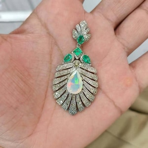Natural Pear Cut Ethiopian Opal Gemstone 925 Solid Sterling Silver Natural Pave Diamond Natural  Emerald Gemstone Stylish Pendant Jewelry