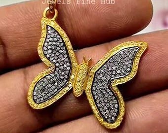 Pendentif papillon diamant naturel pavé, bijoux plaqué or jaune argent sterling 925
