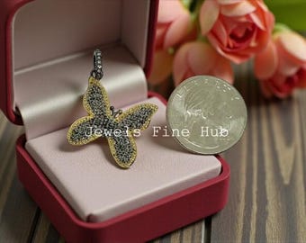 Pendentif papillon fait main en diamants pavés, argent sterling 925 massif, plaqué or jaune